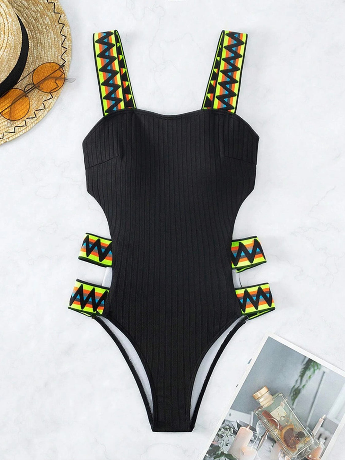 Cutout Wide Strap One-Piece Swimwear Black S 