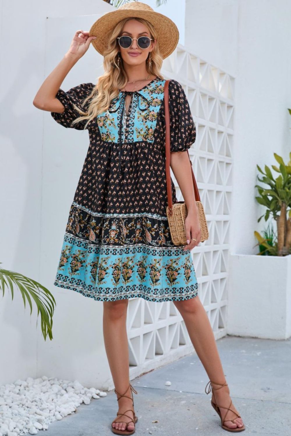 Printed Tie Neck Half Sleeve Dress   