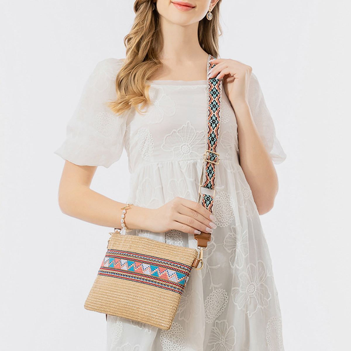 Geometric Straw Weave Crossbody Bag Tan One Size 