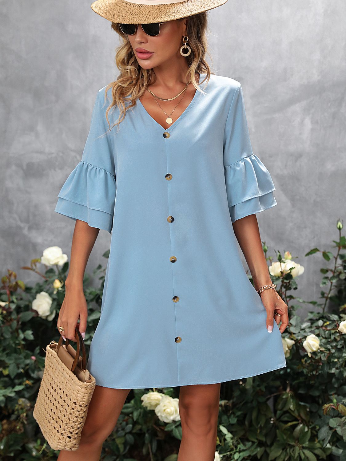 V-Neck Half Sleeve Mini Dress   