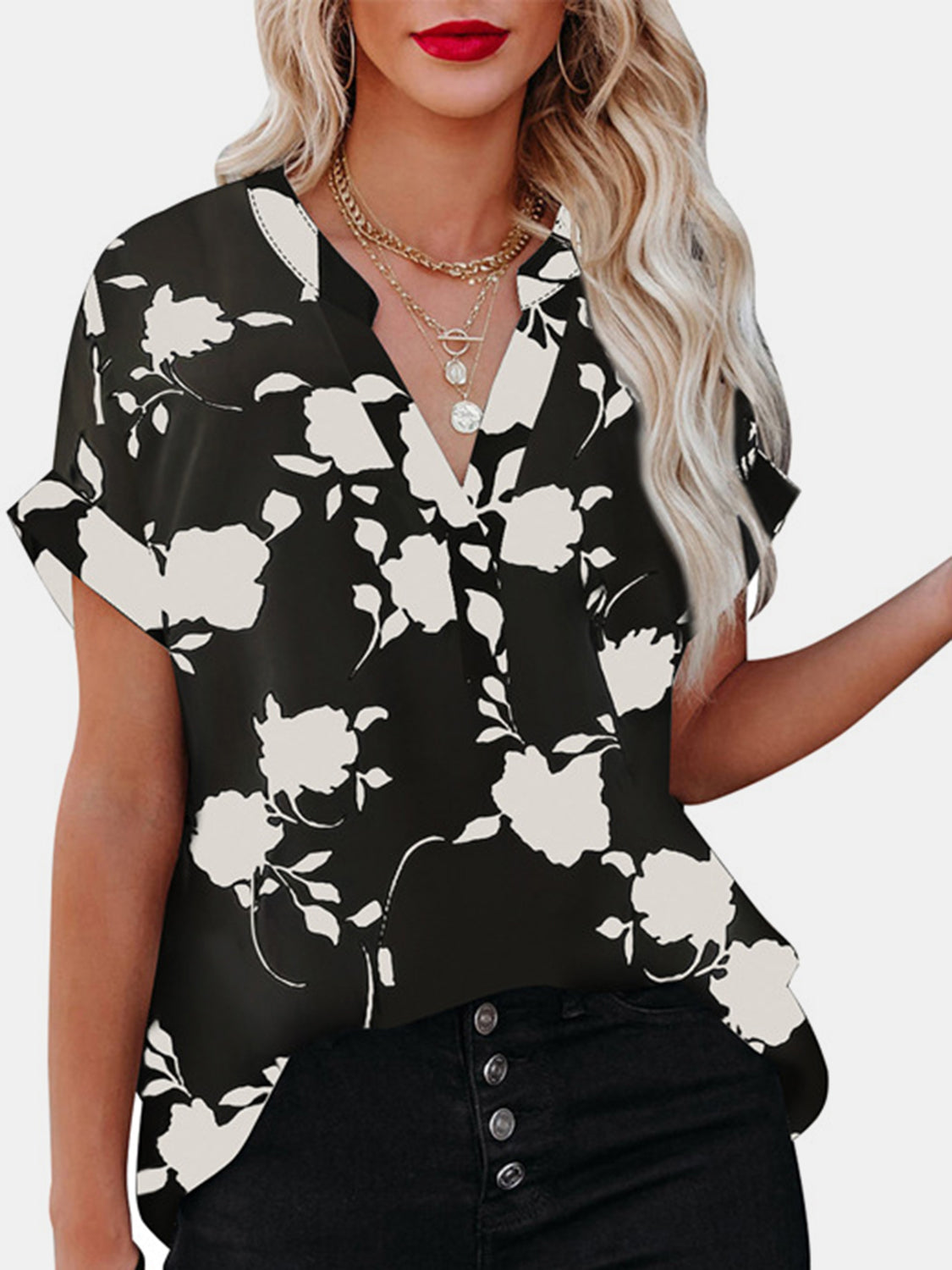 STUNNLY  Full Size Printed Notched Short Sleeve Blouse Black S 