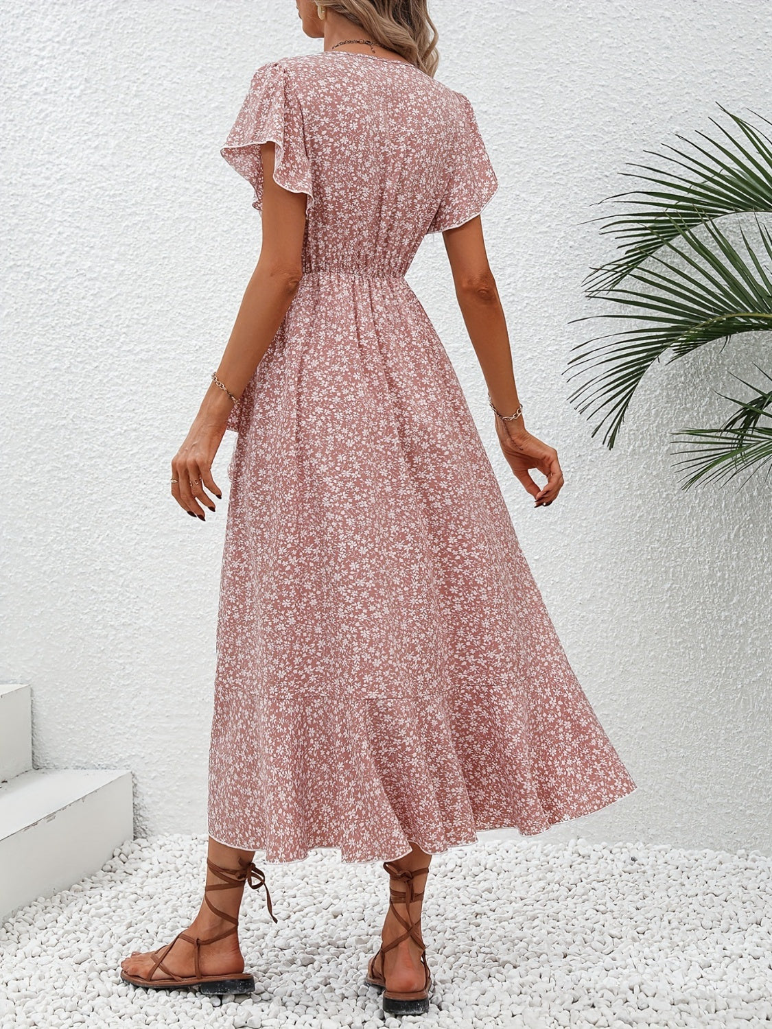 Printed Surplice Flutter Sleeve Midi Dress   