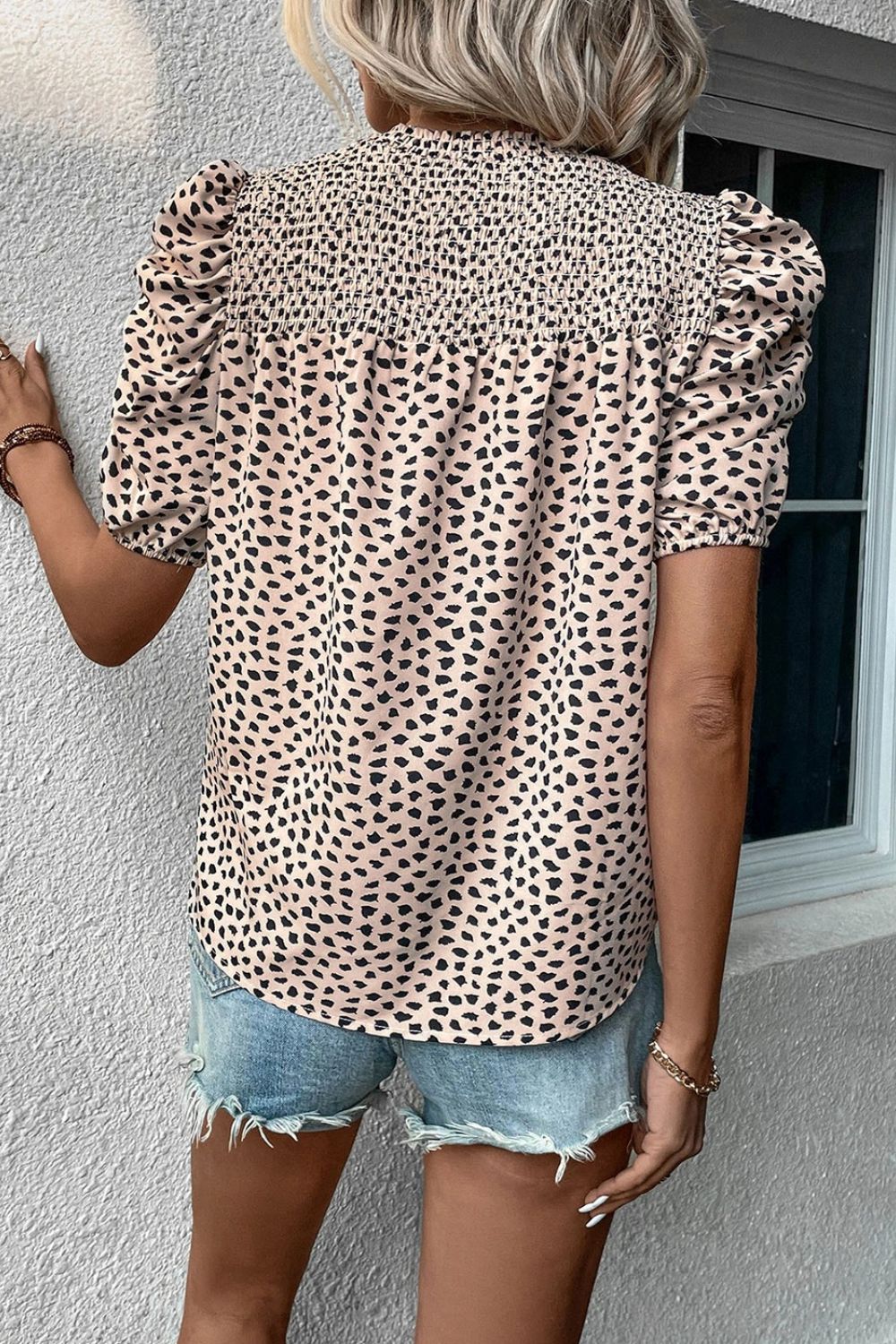 STUNNLY  Smocked Animal Print Puff Sleeve Blouse   