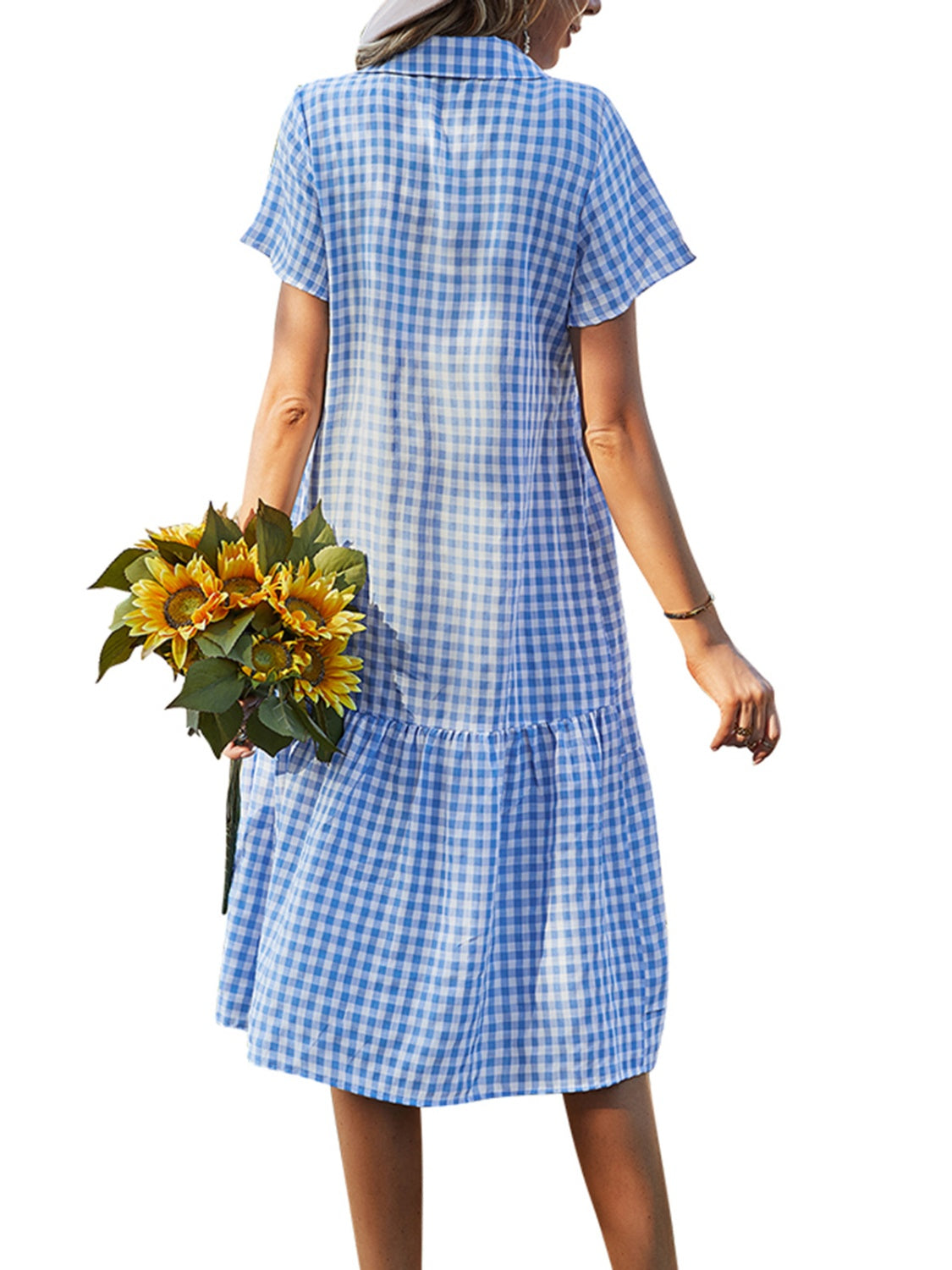 Button Up Plaid Short Sleeve Midi Dress   