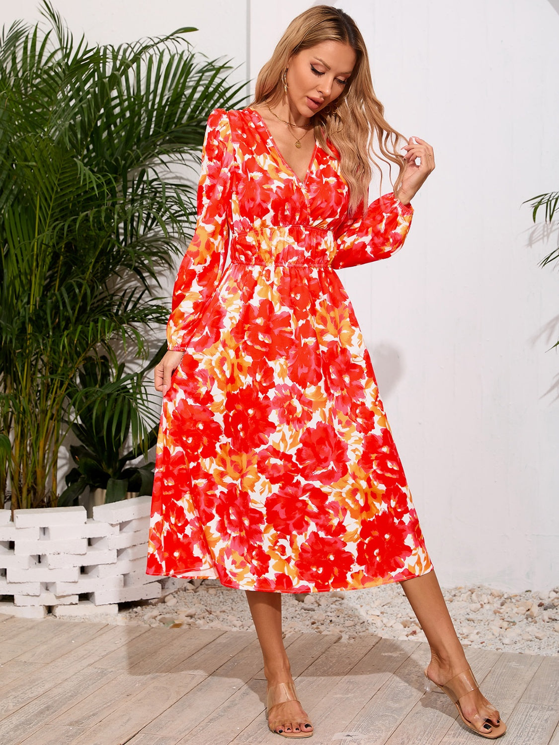 Printed Surplice Long Sleeve Midi Dress   