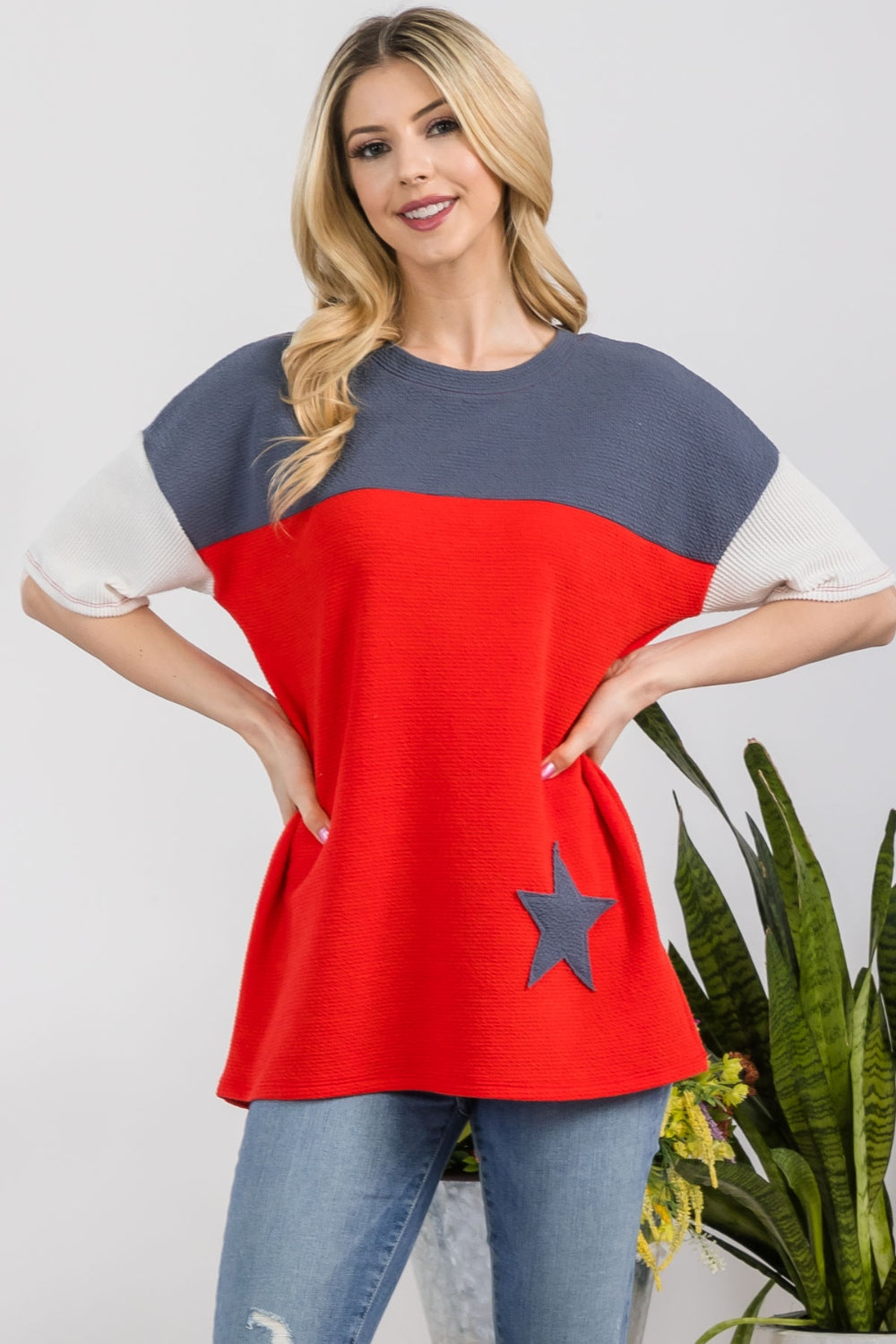 Celeste Full Size Ribbed Star Color Block T-Shirt   