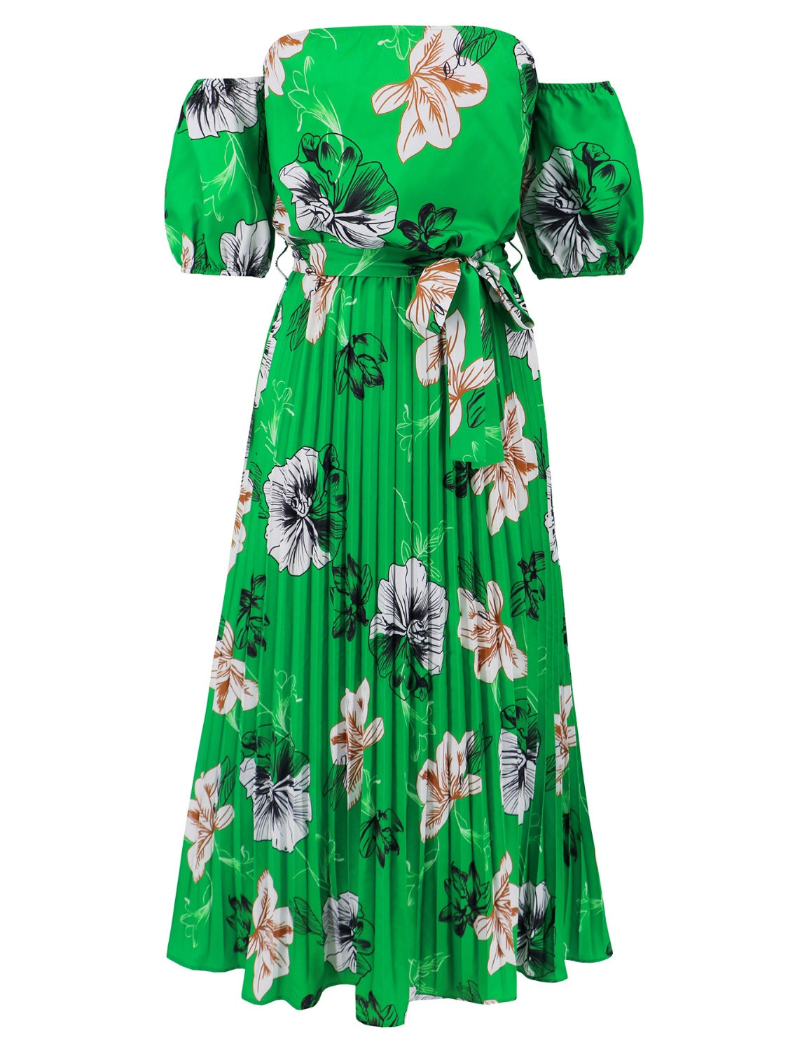 Pleated Floral Off-Shoulder Short Sleeve Midi Dress   