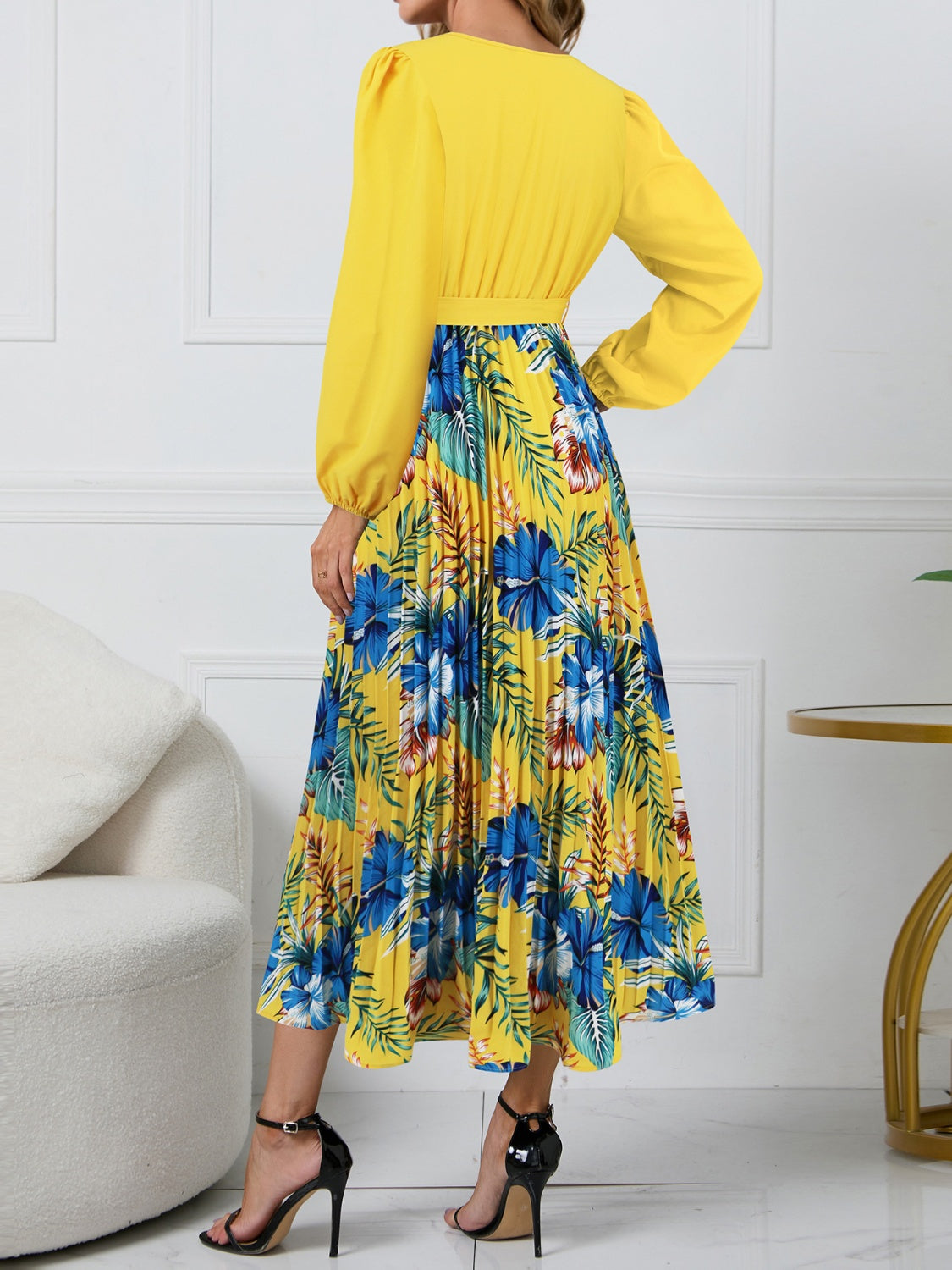 Pleated Printed Surplice Long Sleeve Dress   