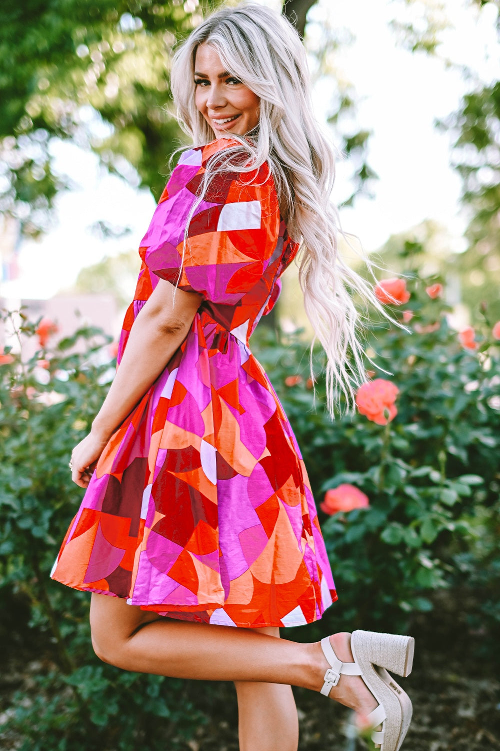 Printed Square Neck Puff Sleeve Dress   