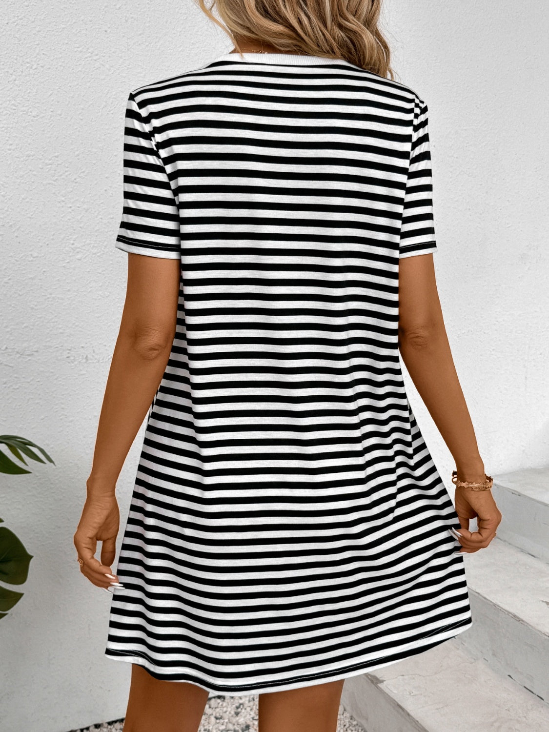 Striped Round Neck Short Sleeve Dress   