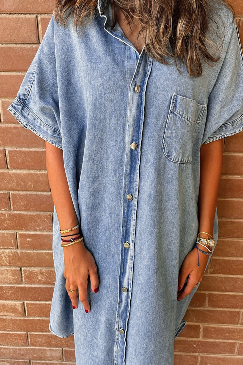 STUNNLY  Pocketed Button Up Half Sleeve Denim Dress   