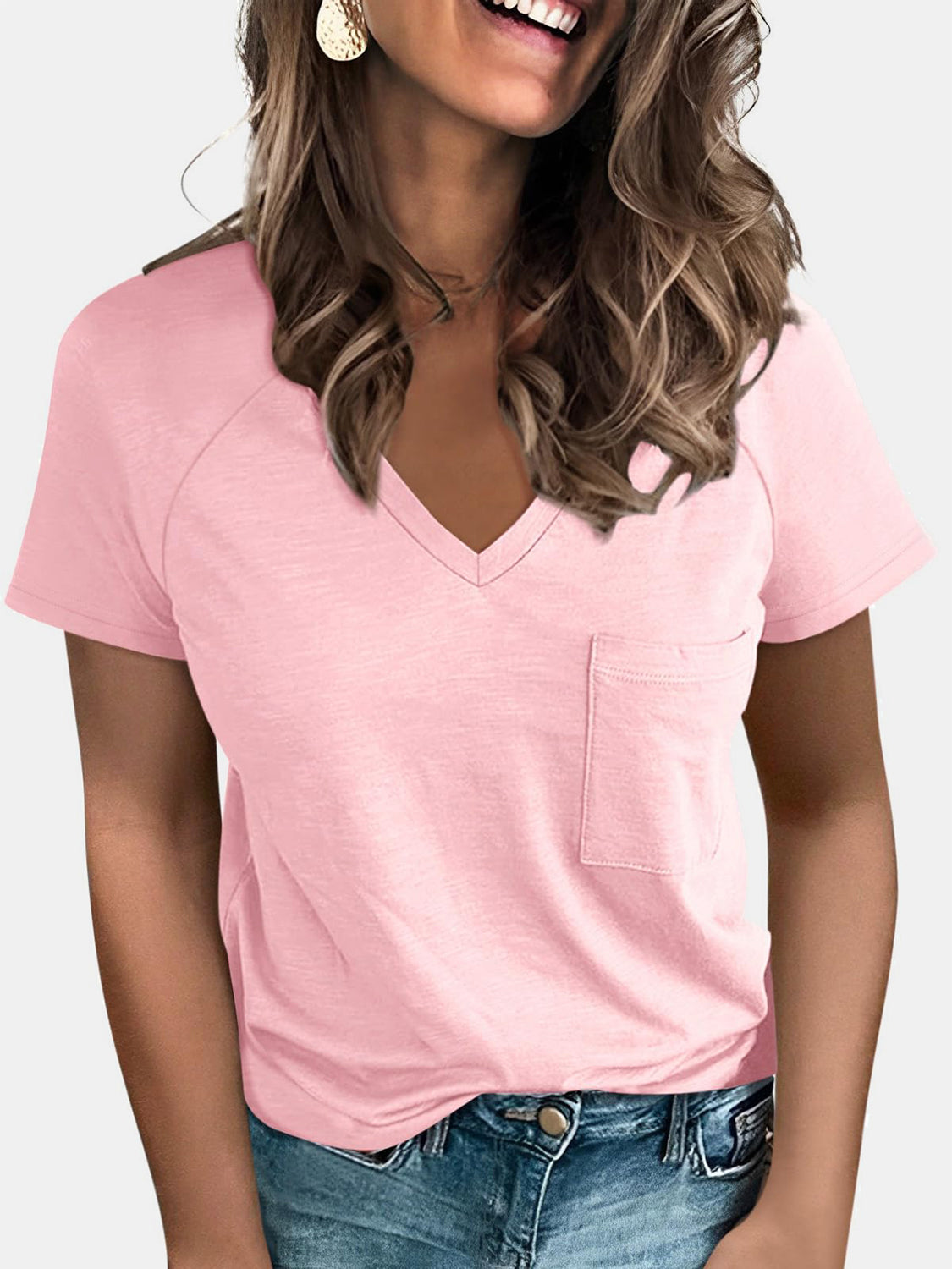 STUNNLY  Pocketed V-Neck Short Sleeve T-Shirt   