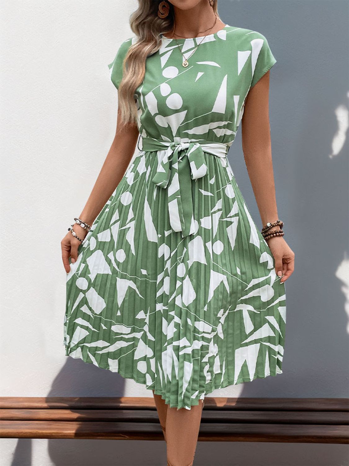 Tied Pleated Printed Cap Sleeve Dress Light Green S 