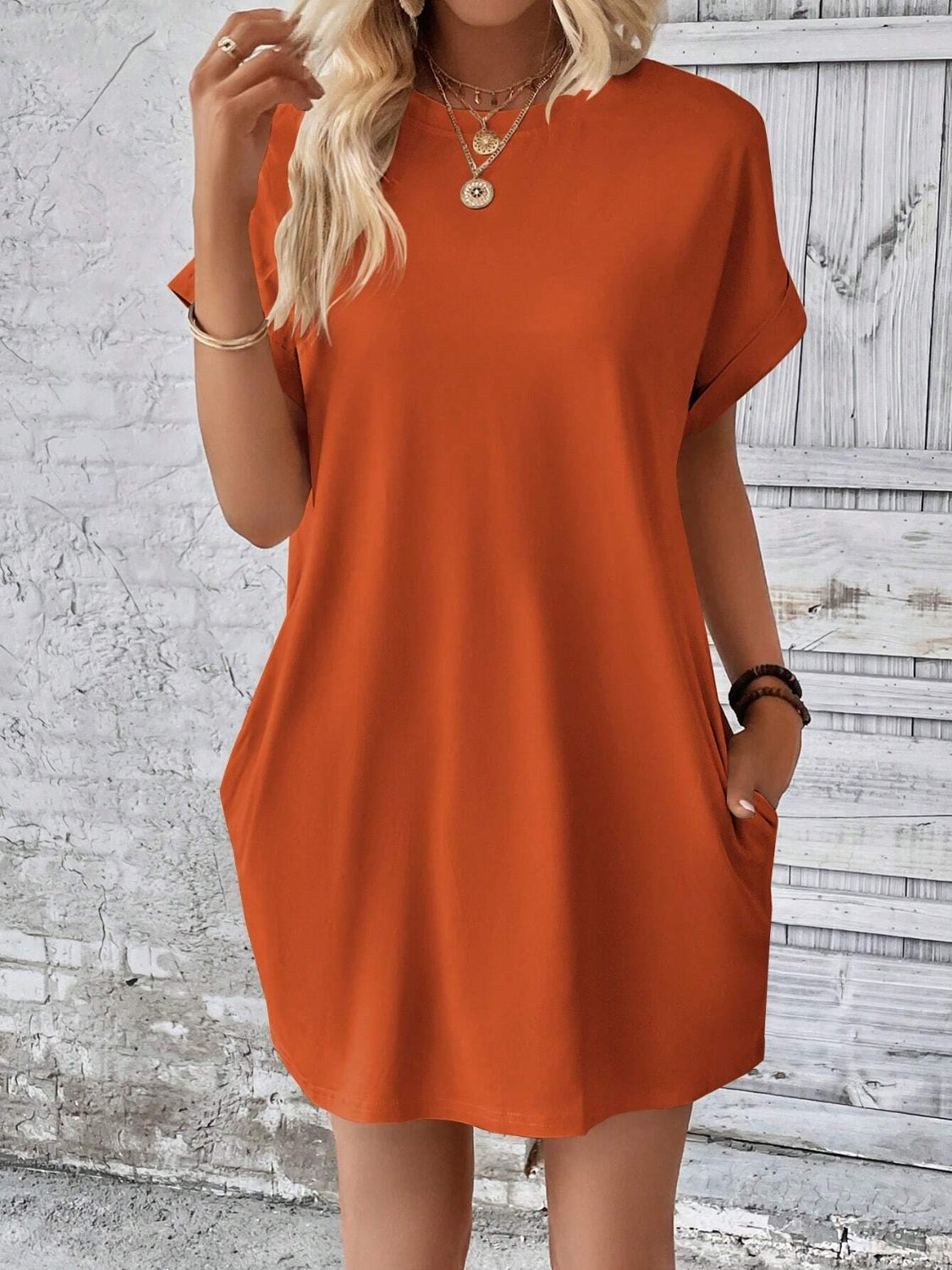 Round Neck Short Sleeve Mini Dress Orange S 