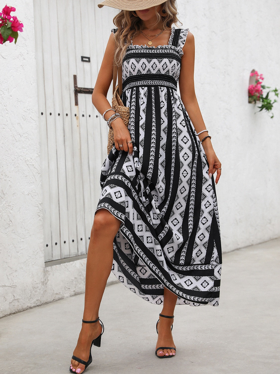 Printed Square Neck Wide Strap Cami Dress   