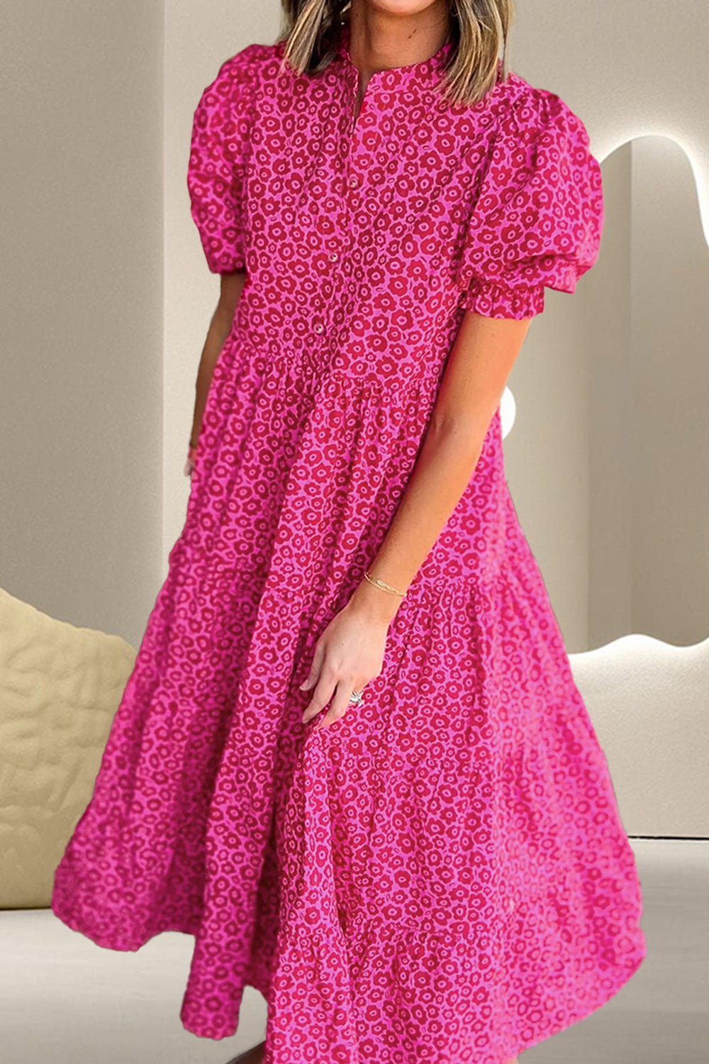 Printed Notched Puff Sleeve Midi Dress   