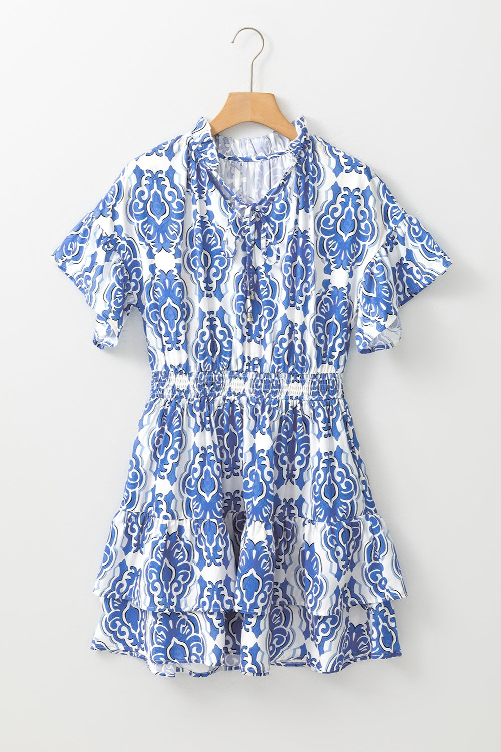 Printed Tie Neck Short Sleeve Mini Dress   