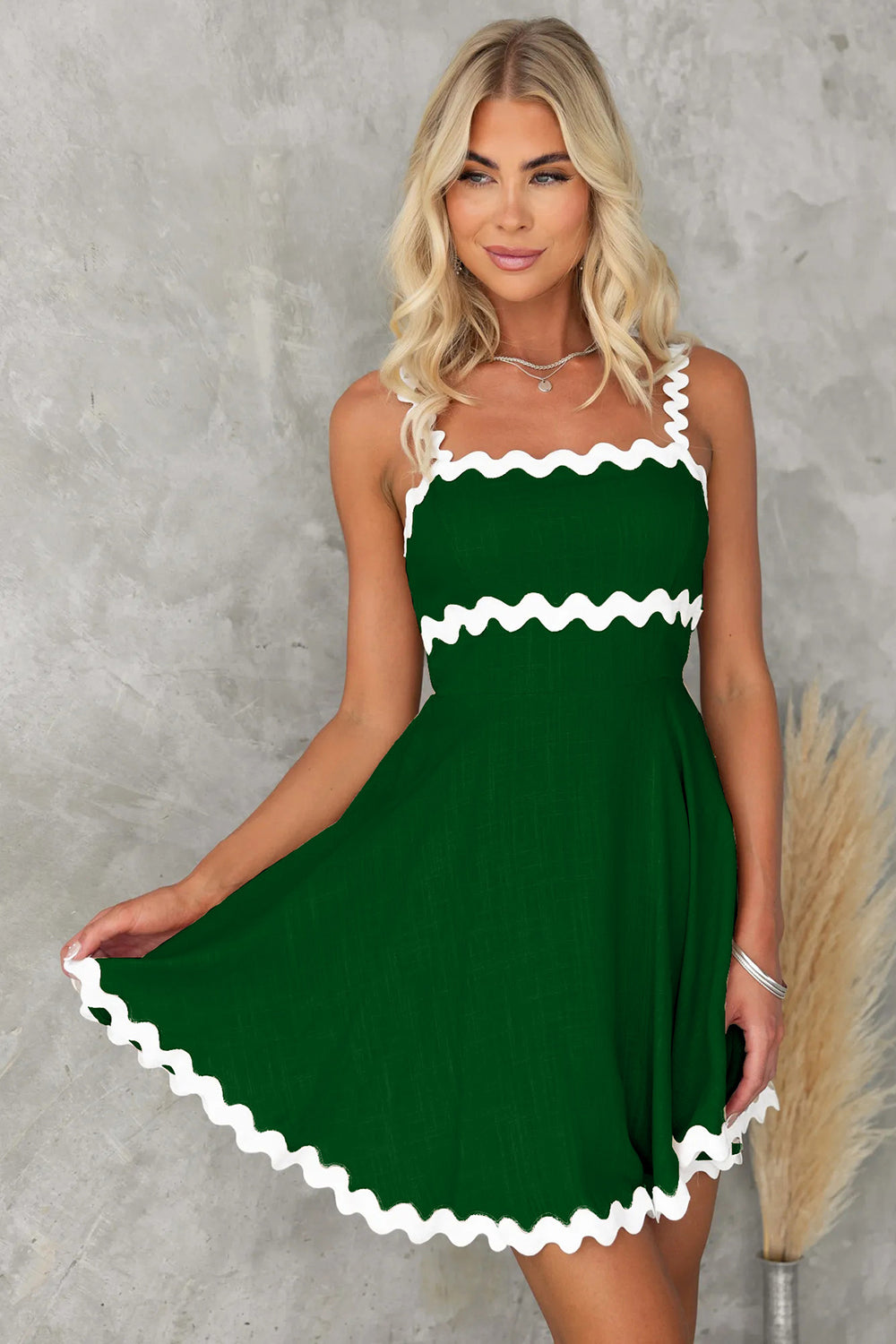 Contrast Trim Square Neck Mini Dress Green S 