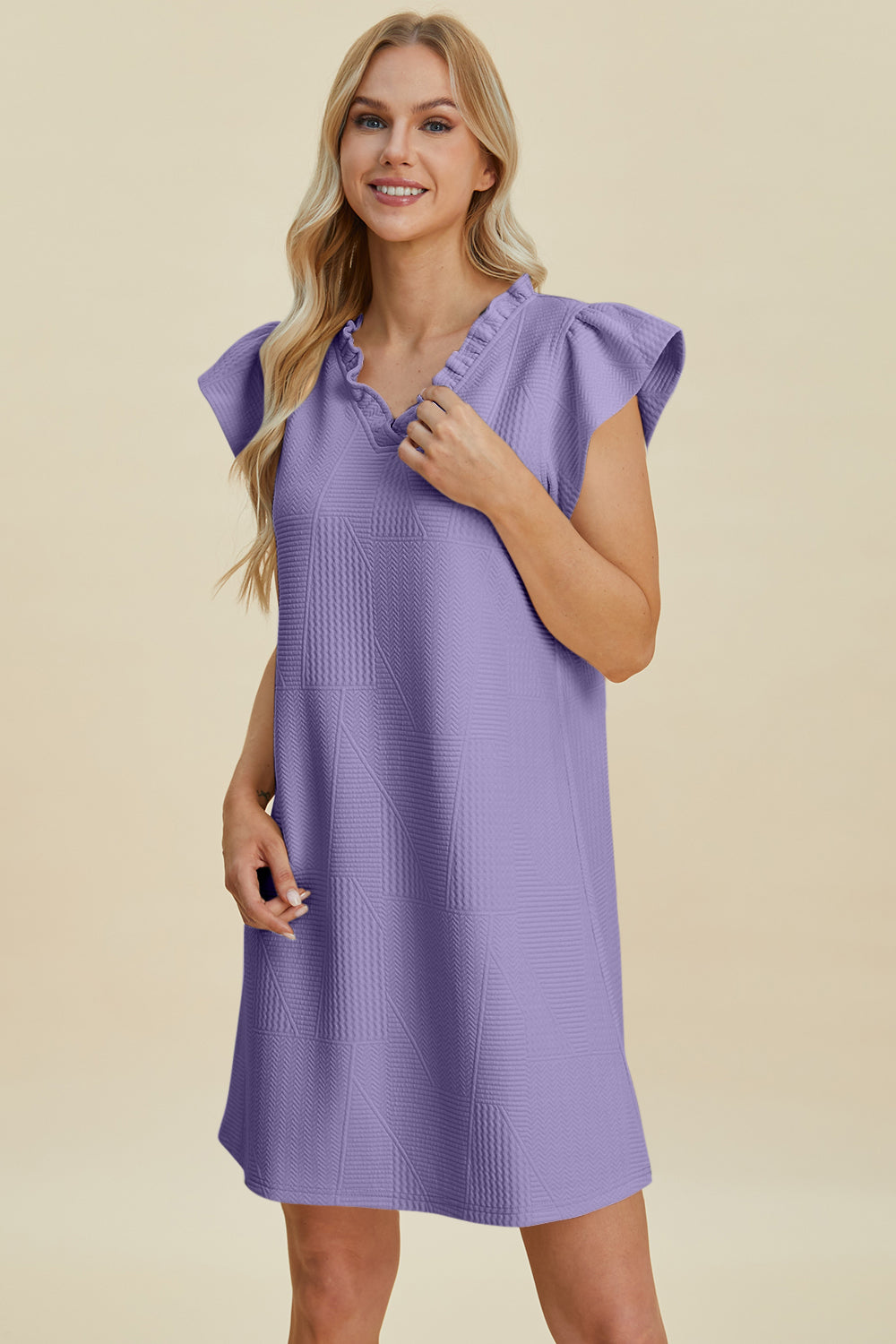 Double Take Full Size Ruffled V-Neck Cap Sleeve Dress Lavender S 