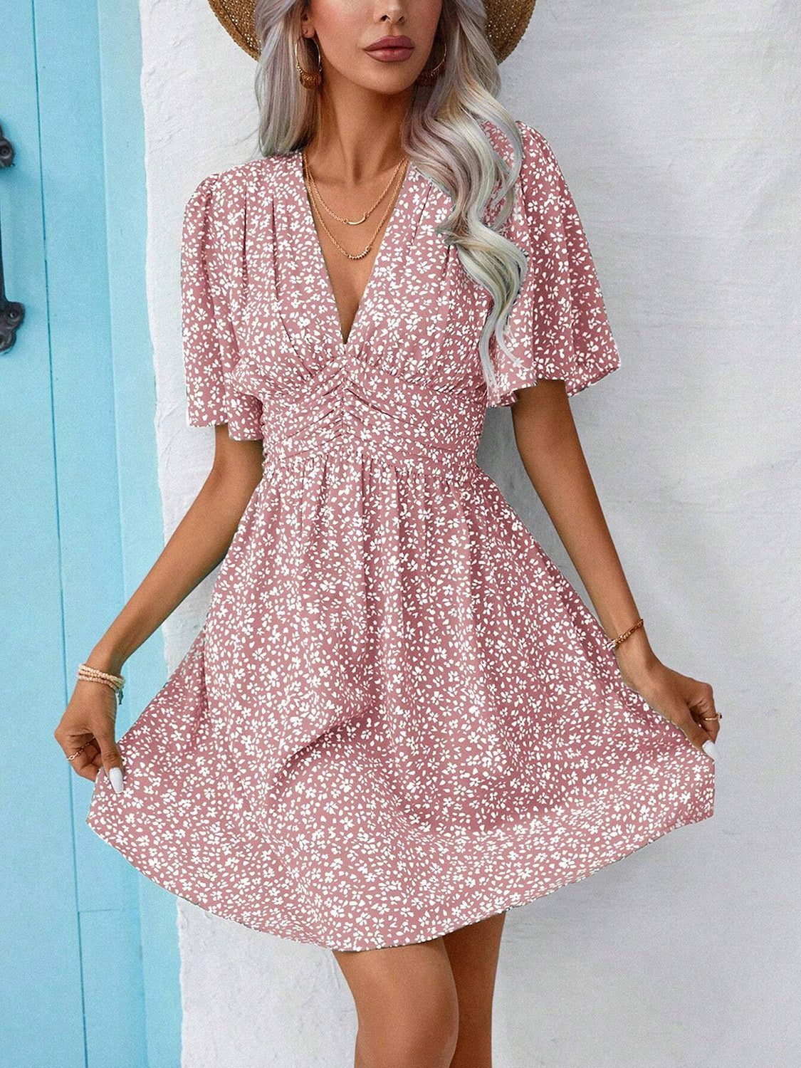 Printed V-Neck Half Sleeve Mini Dress   