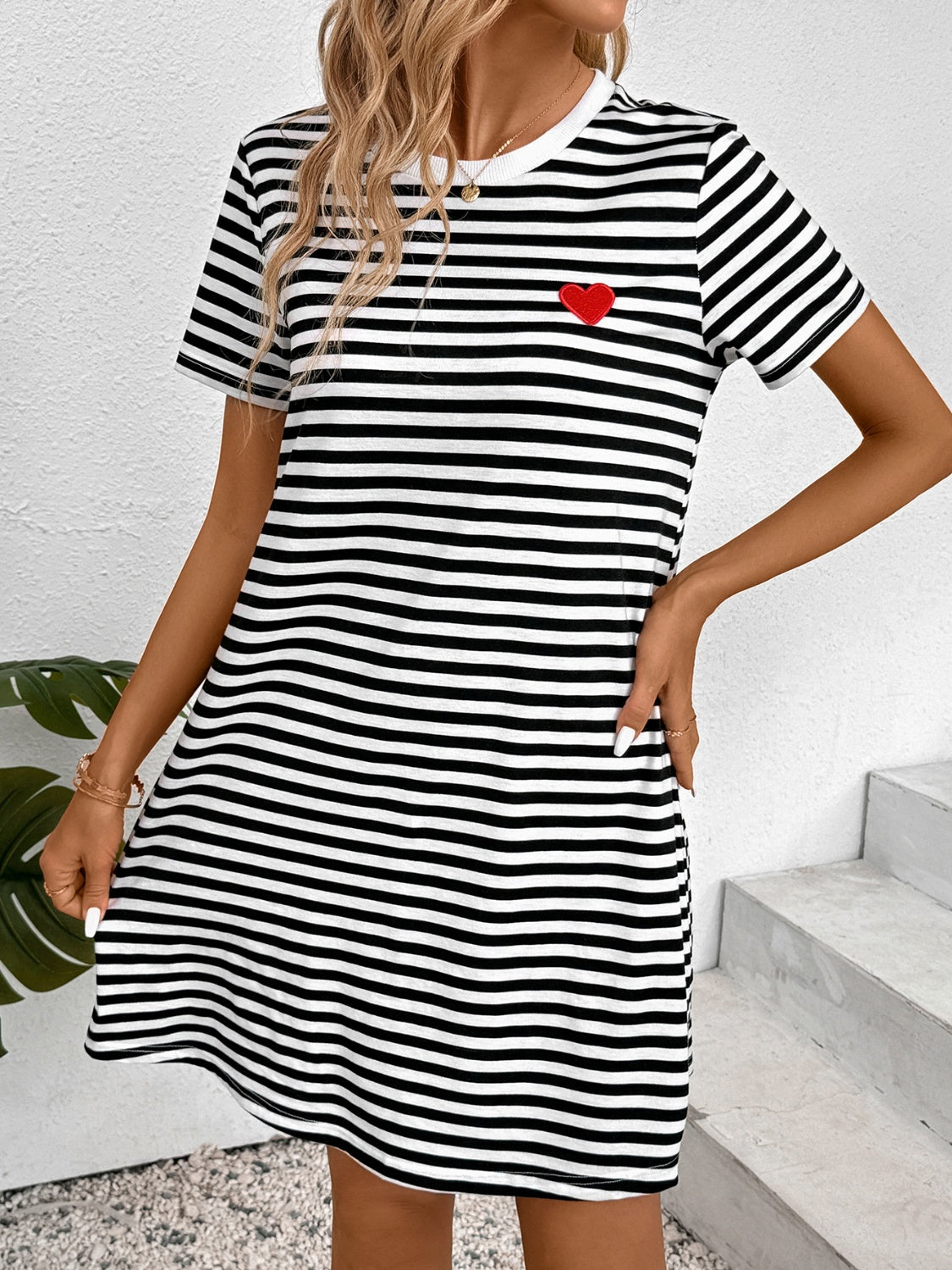 Striped Round Neck Short Sleeve Dress   