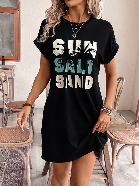 Letter Graphic Round Neck Short Sleeve Mini Tee Dress Black S 