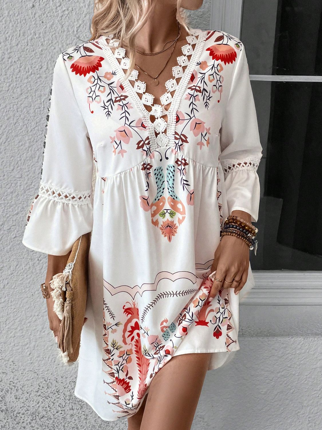 Lace Detail Printed Three-Quarter Sleeve Dress Deep Red S 