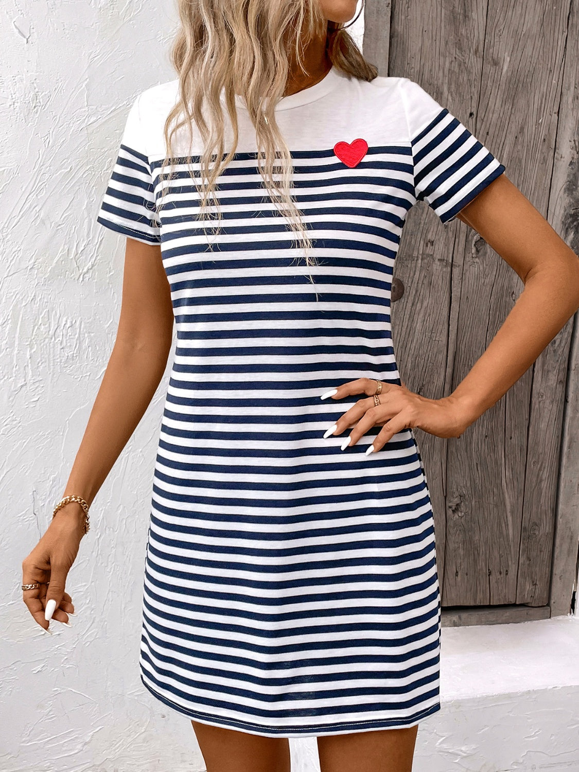 Striped Round Neck Short Sleeve Mini Dress Navy S 