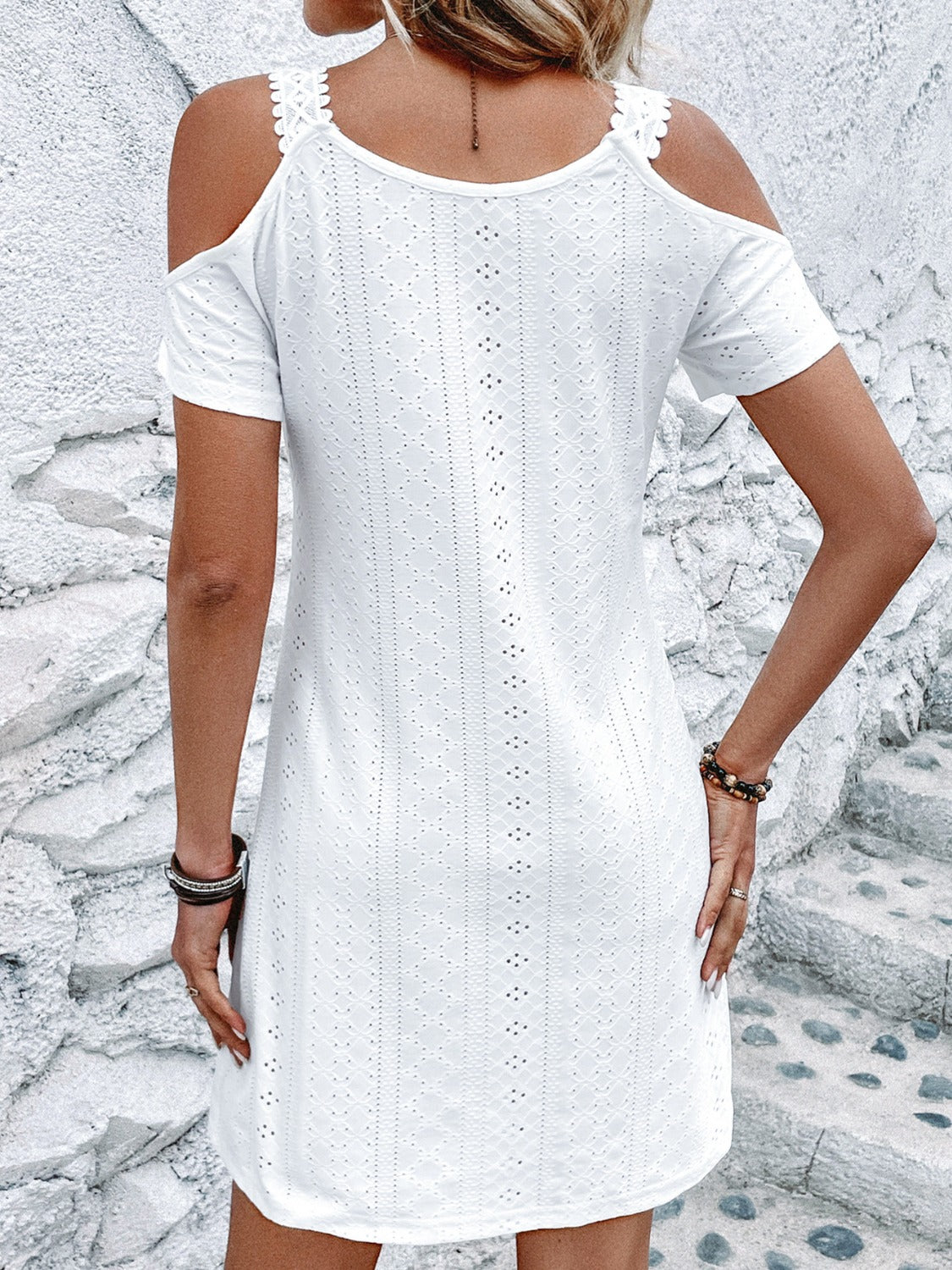 Eyelet V-Neck Cold Shoulder Mini Dress   