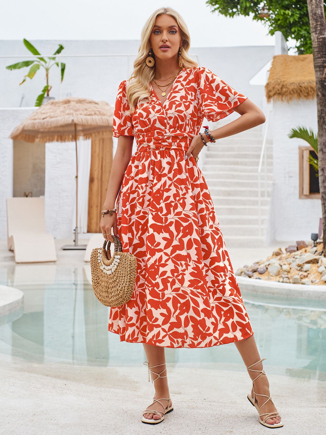 Printed Surplice Short Sleeve Midi Dress   