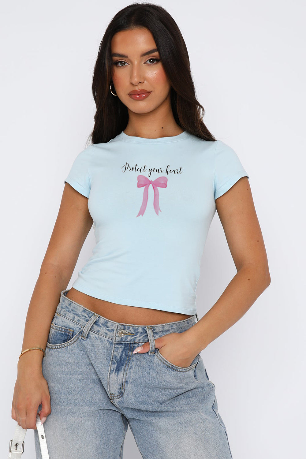 STUNNLY  Bow Graphic Round Neck Short Sleeve T-Shirt Pastel  Blue S 