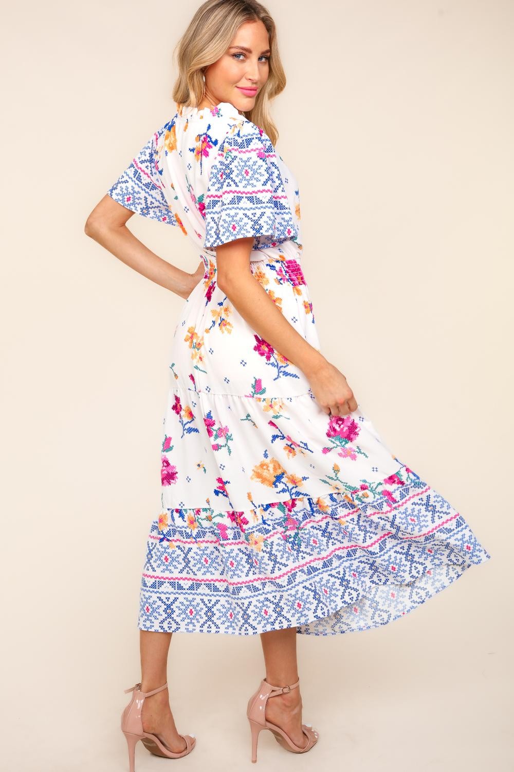 Haptics Printed Notched Short Sleeve Tiered Dress   