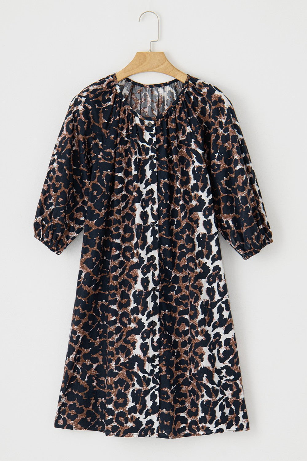 Leopard Button Up Half Sleeve Mini Dress   