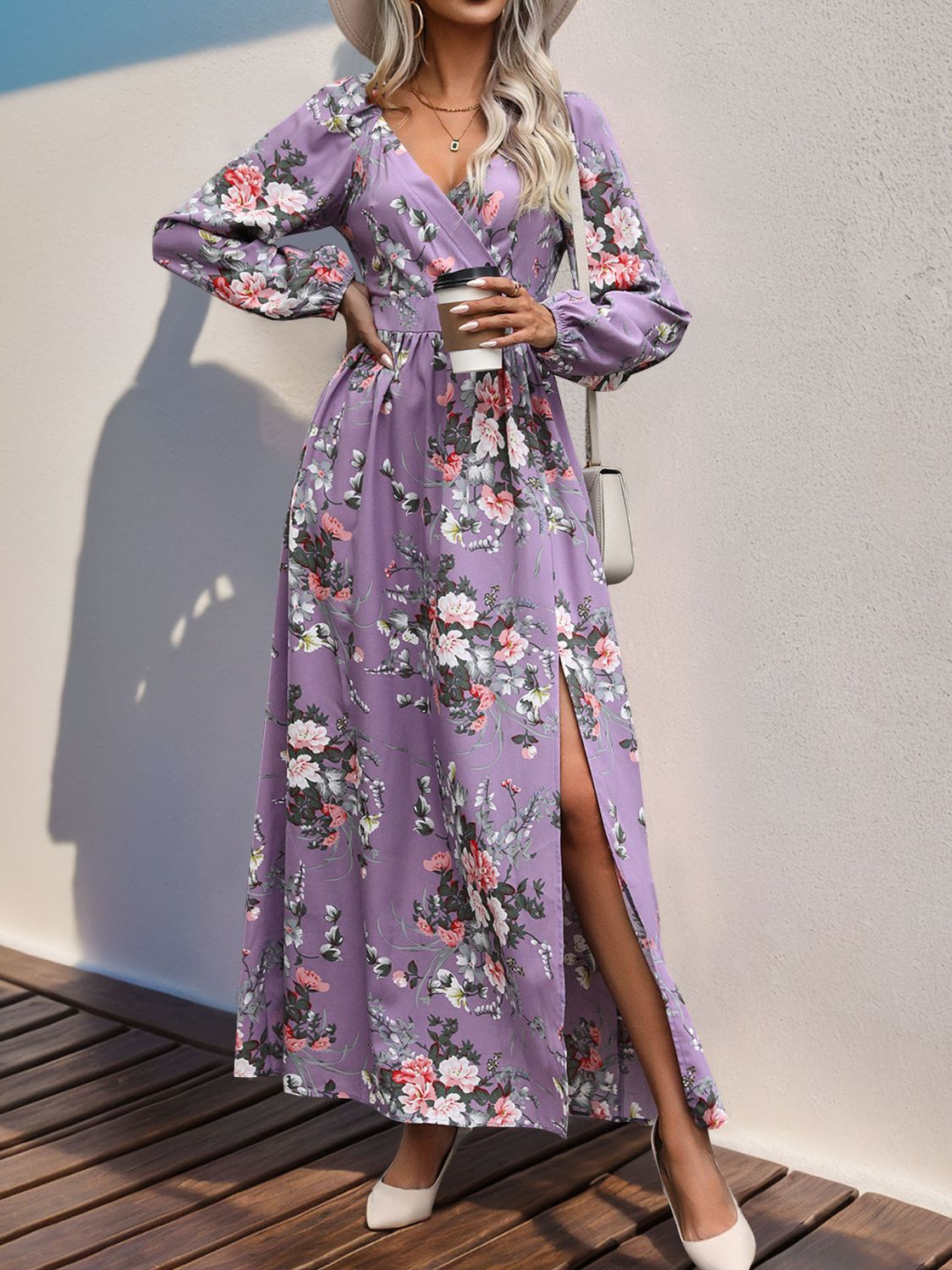 Slit Printed Surplice Long Sleeve Maxi Dress Lavender S 