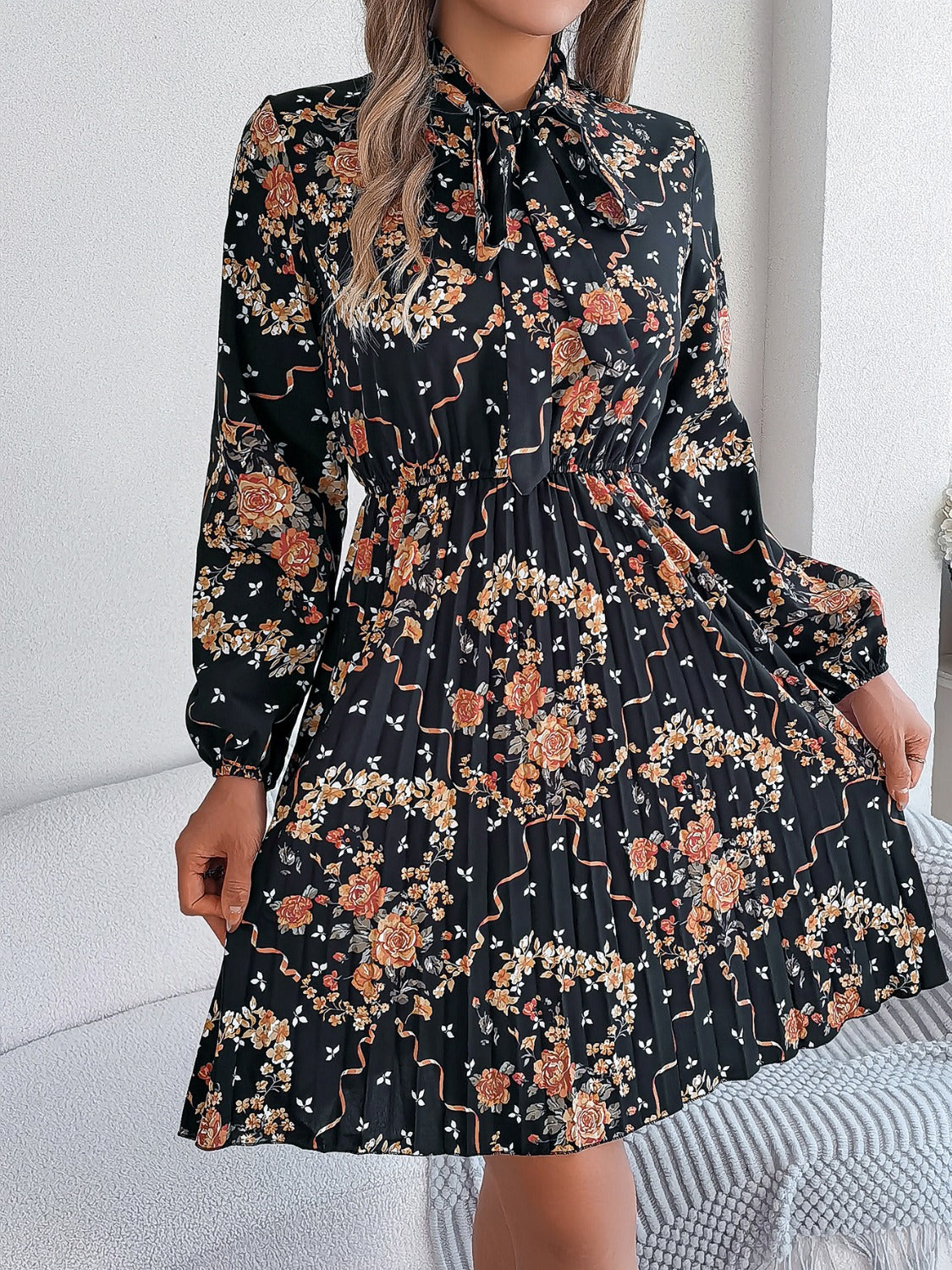 Pleated Printed Tie Neck Long Sleeve Dress Black S 