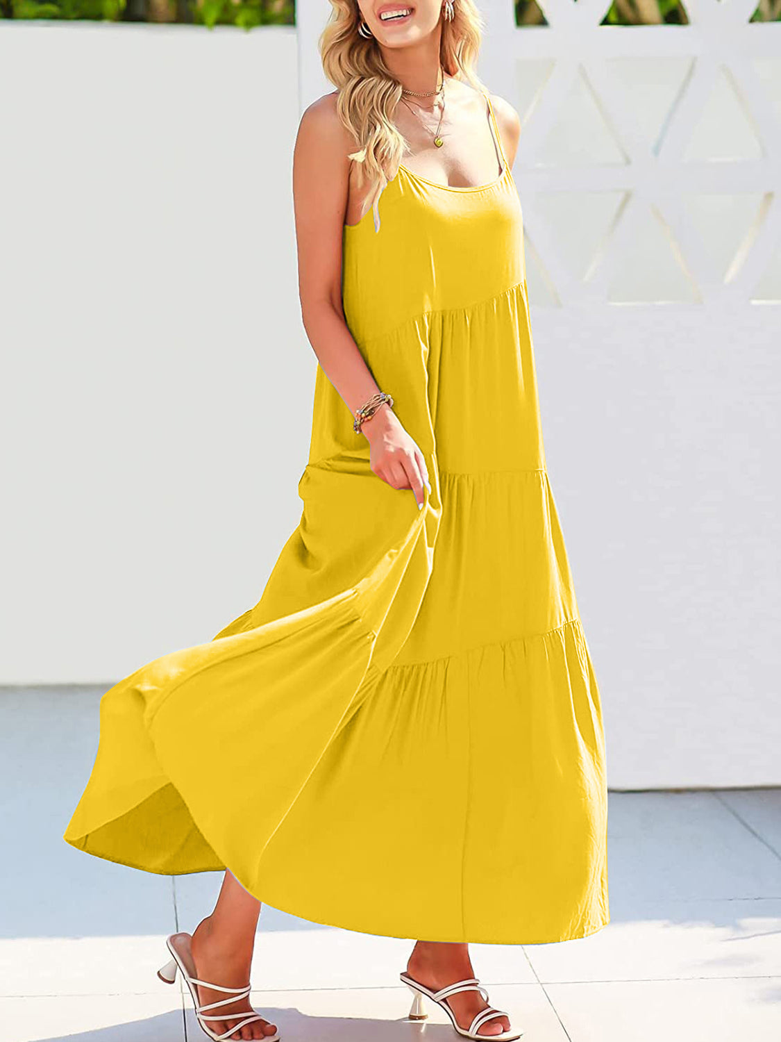 STUNNLY  Full Size Ruched Tiered Spaghetti Strap Dress True Yellow S 