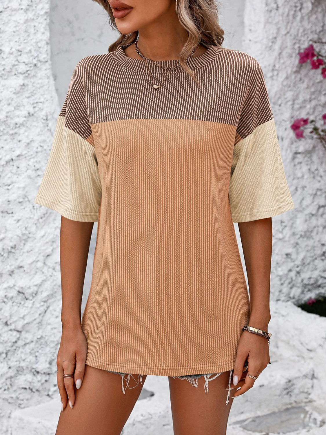 STUNNLY  Color Block Round Neck Half Sleeve T-Shirt   