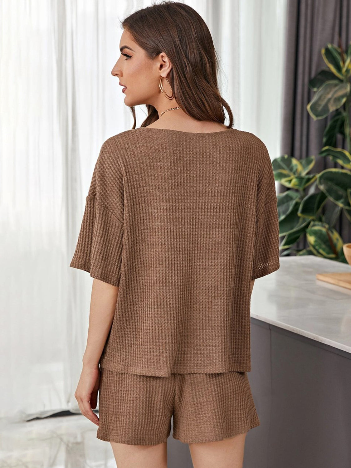 STUNNLY  Full Size Waffle-Knit Dropped Shoulder Top and Shorts Set   