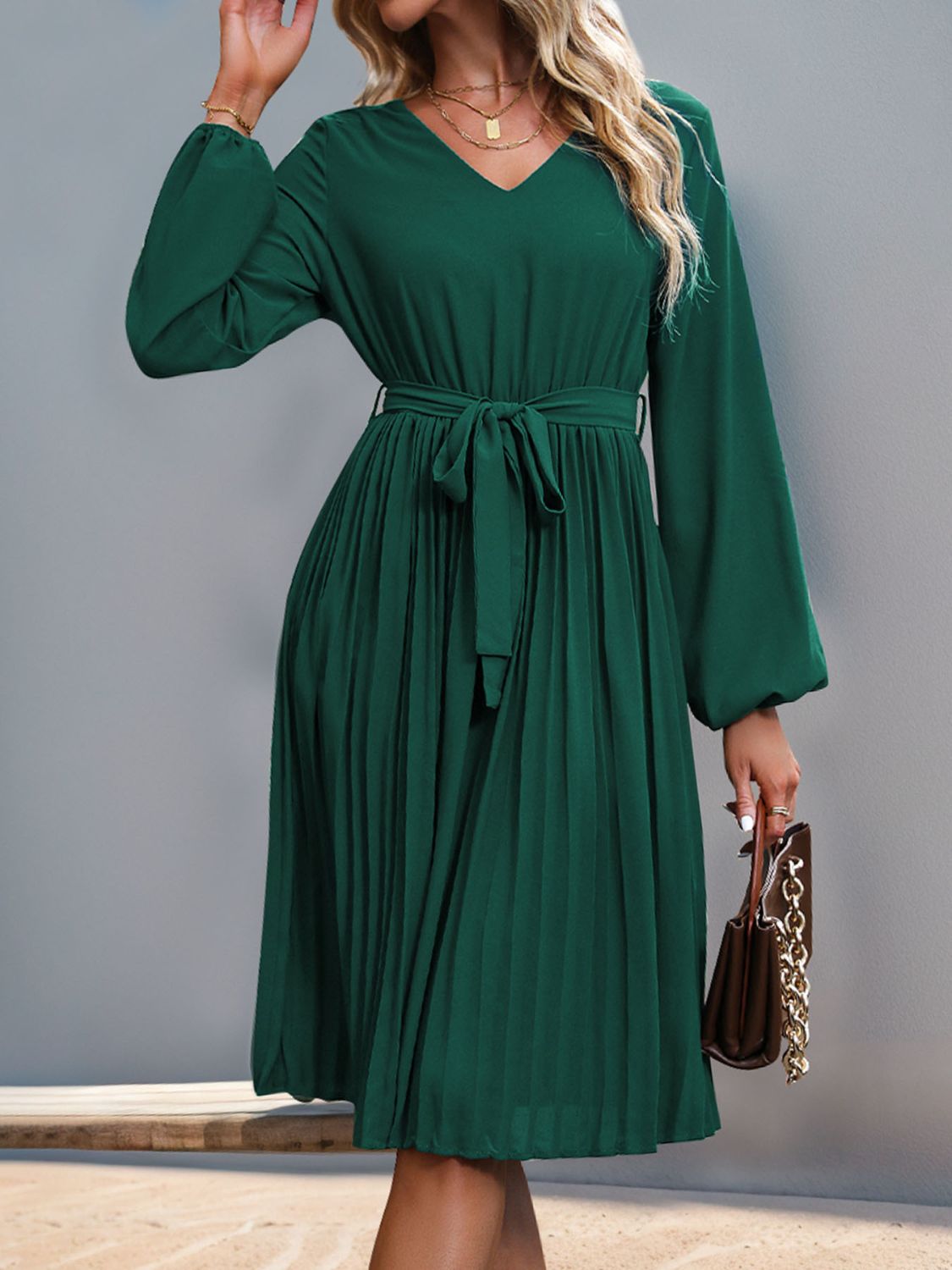 Lace V-Neck Long Sleeve Pleated Dress   