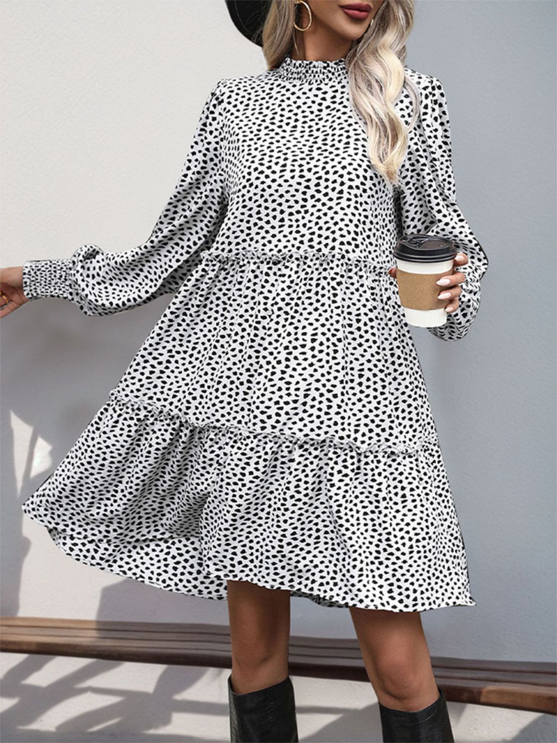 Frill Printed Mock Neck Long Sleeve Mini Dress   