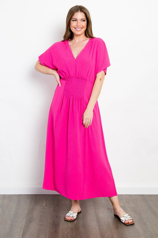 Be Stage Full Size Shirred Front Short Sleeve Maxi Dress Fuchsia S 