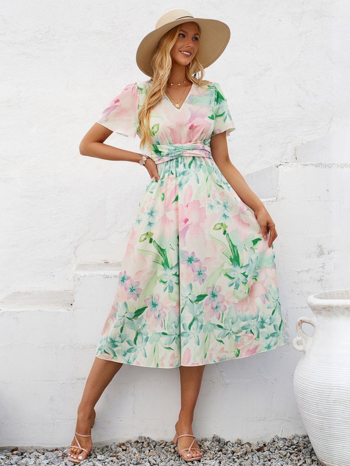 Printed V-Neck Short Sleeve Midi Dress   