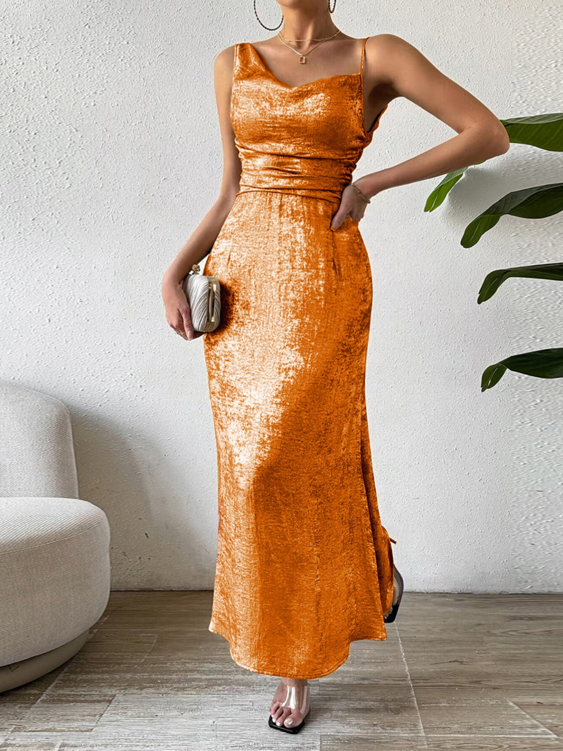 Asymmetric Neck Sleeveless Midi Dress Orange S 