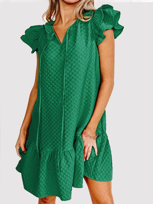 Ruffled Tie Neck Cap Sleeve Dress Dark Green S 