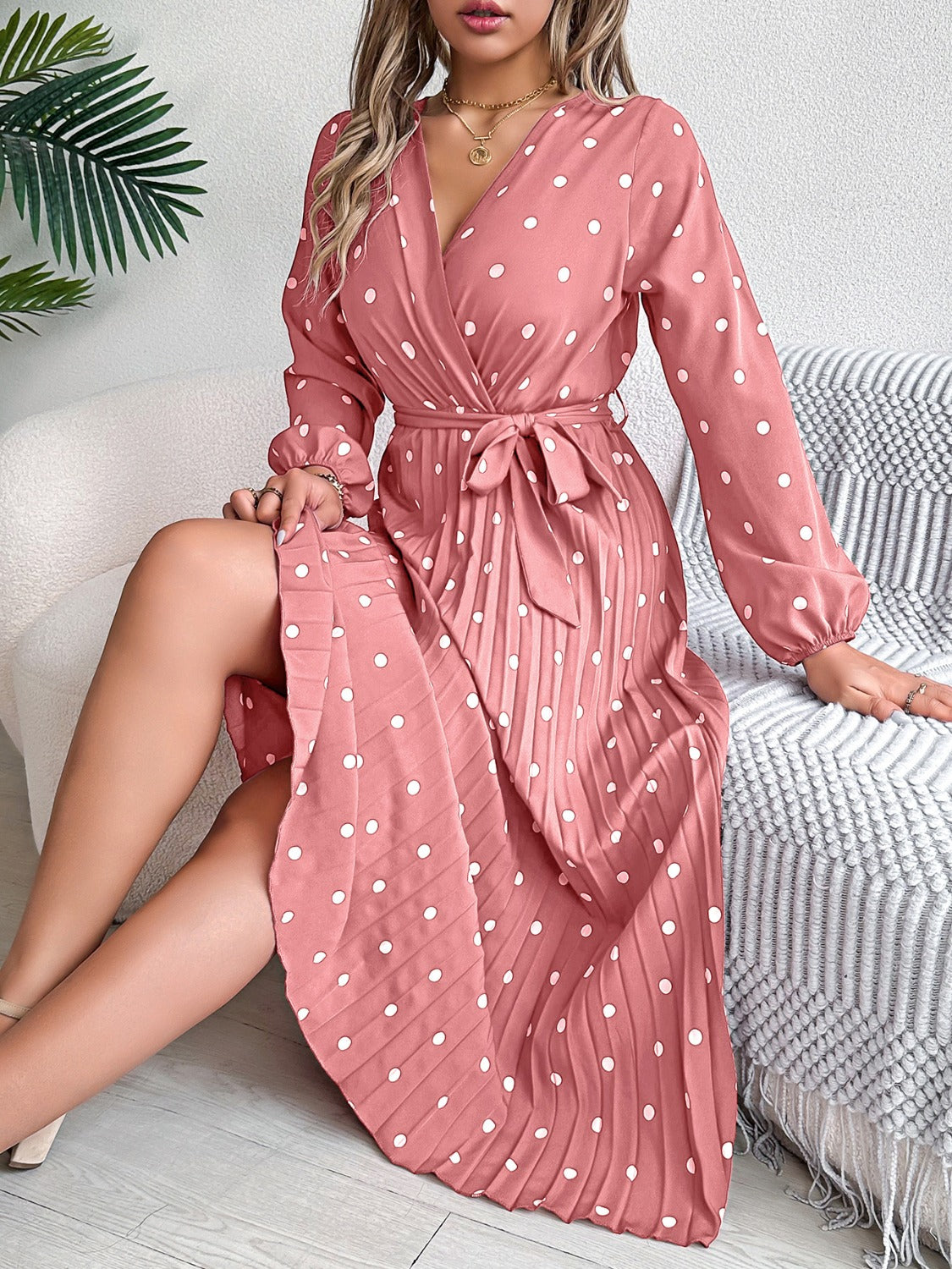 Tied Polka Dot Long Sleeve Midi Dress   