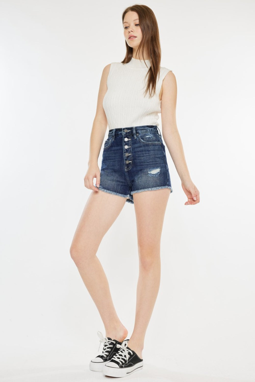 STUNNLY  Kancan Raw Hem Button Fly Denim Shorts   