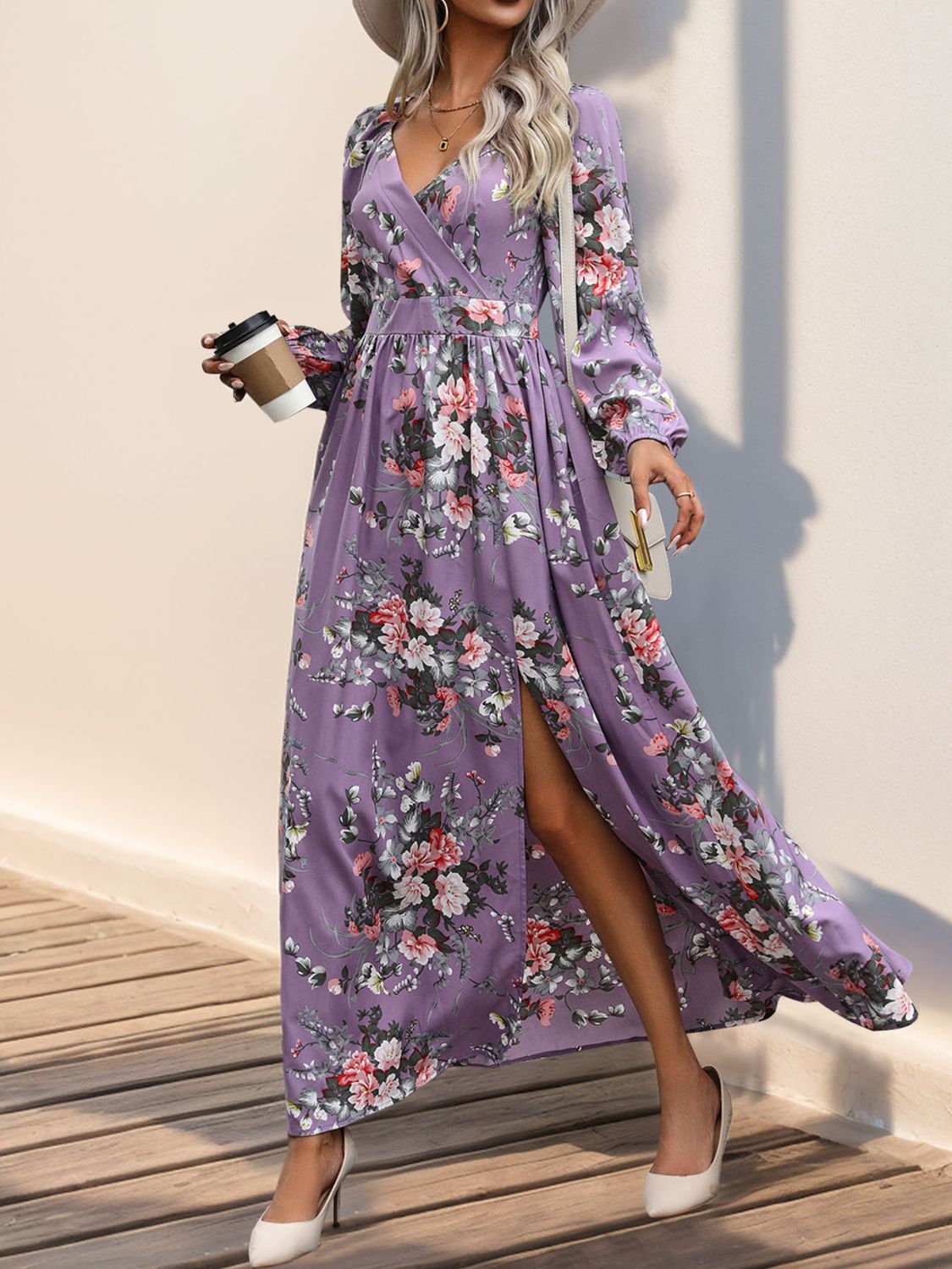 Slit Printed Surplice Long Sleeve Maxi Dress   