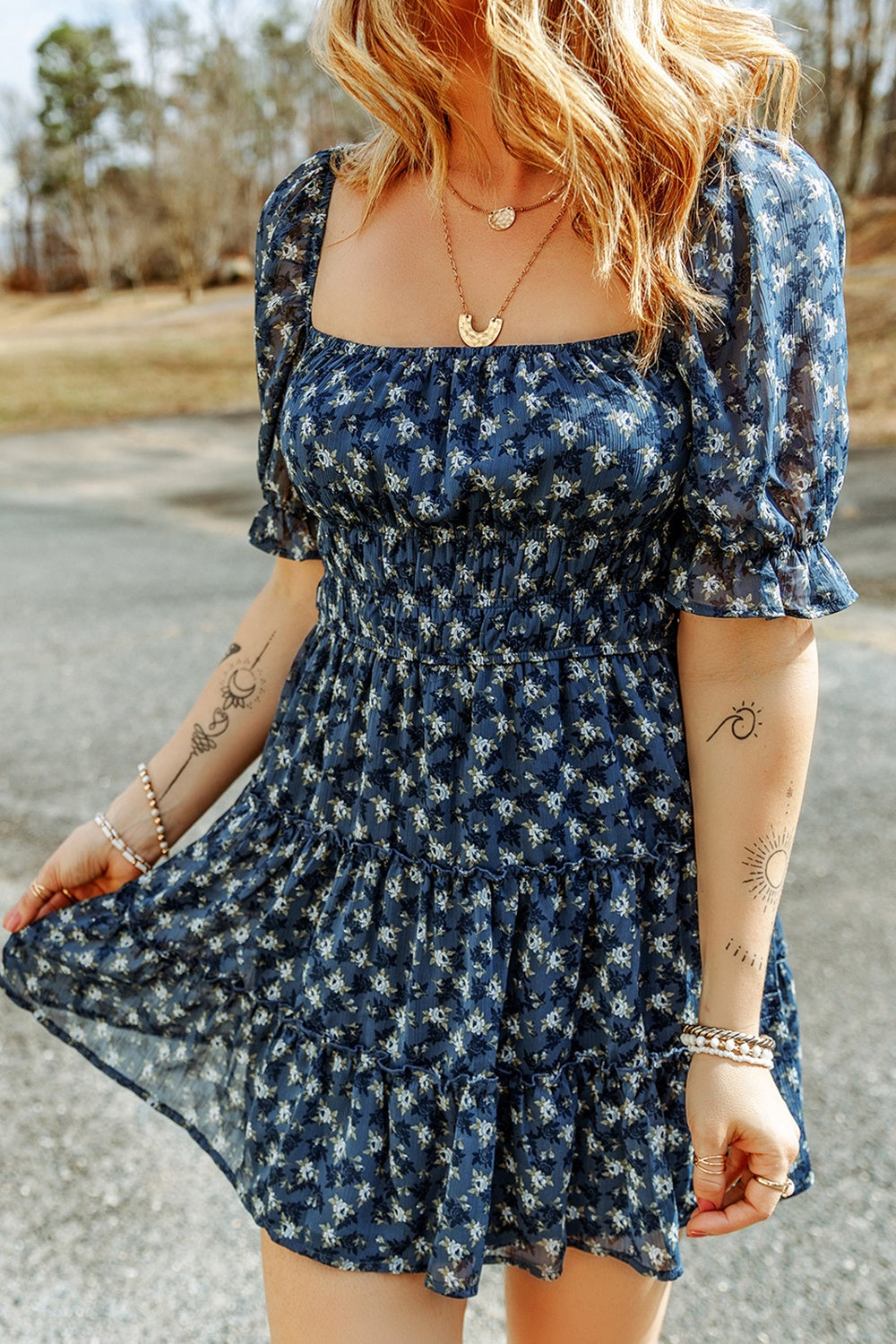 Printed Square Neck Short Sleeve Dress   