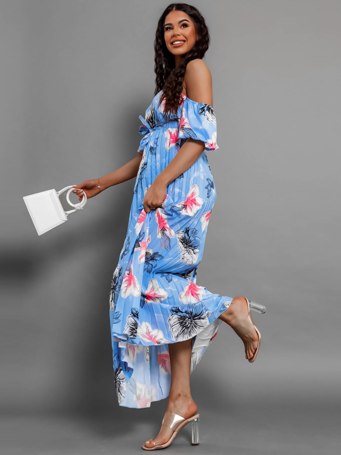 Pleated Floral Off-Shoulder Short Sleeve Midi Dress   