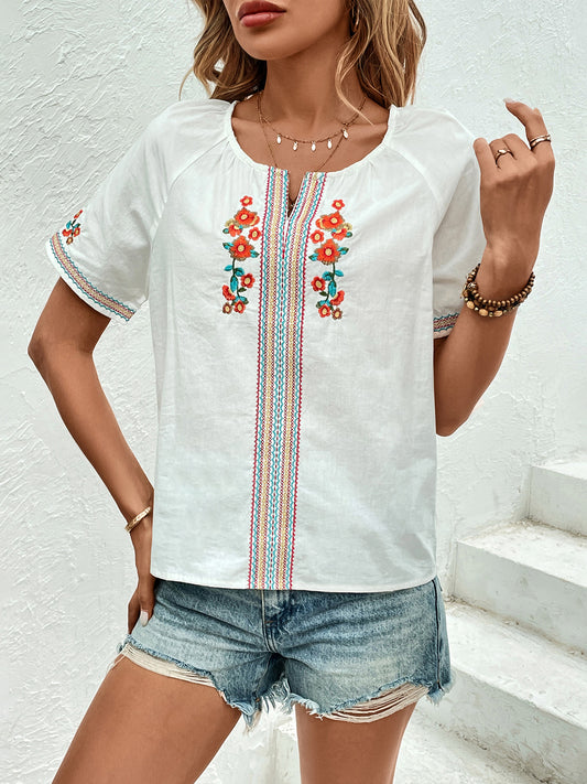 STUNNLY  Embroidered Notched Short Sleeve Blouse White S 